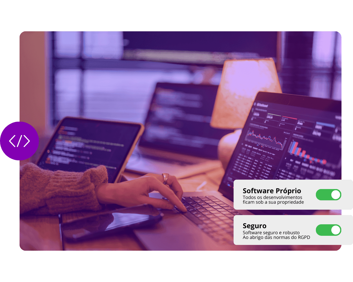 Software Próprio — Todos os desenvolvimentos ficam sob a sua propriedade. Seguro — Software seguro e robusto. Ao abrigo das normas do RGPD.