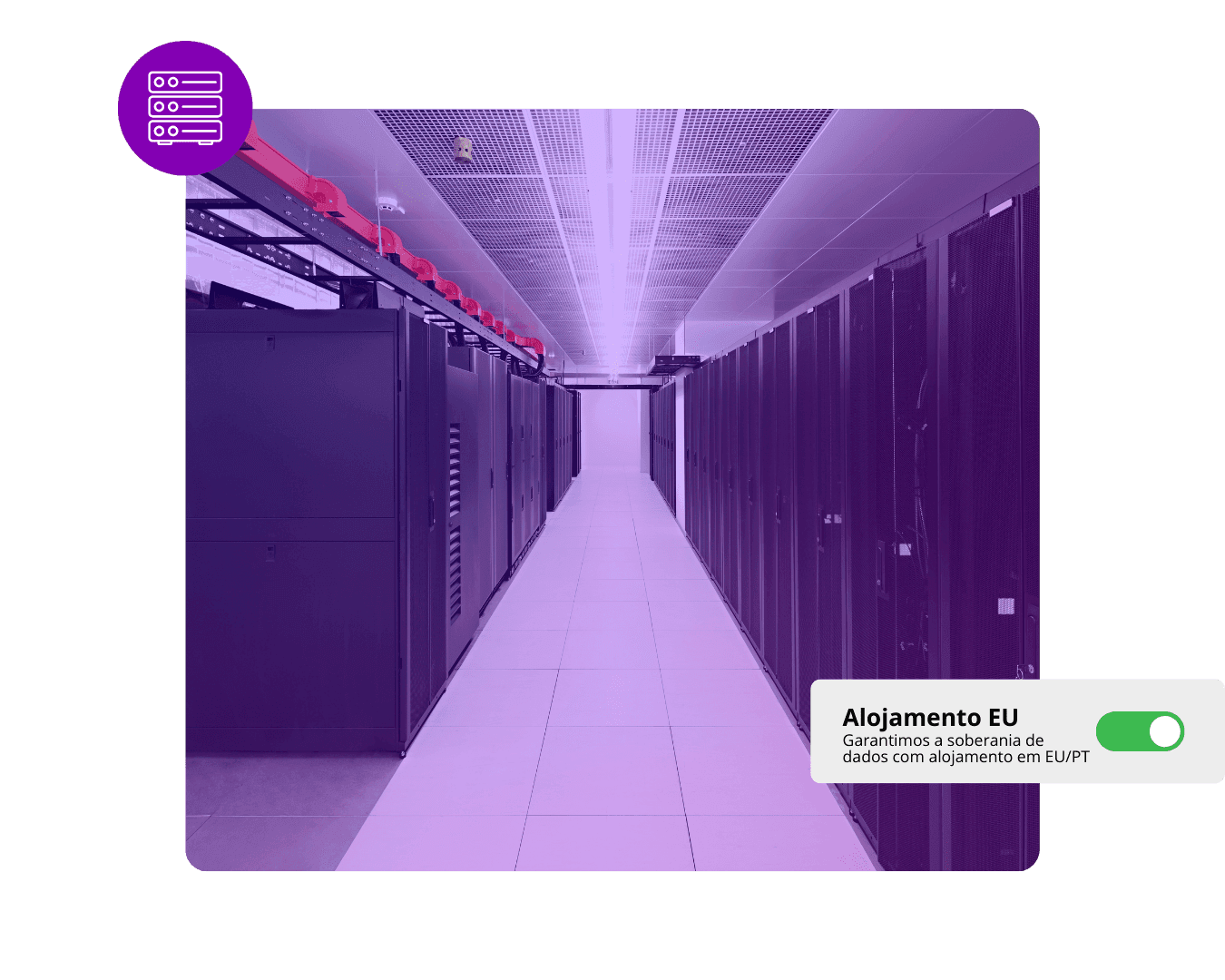 Corredor de um data center em duotone roxo, com um cartão a indicar alojamento em EU/PT.