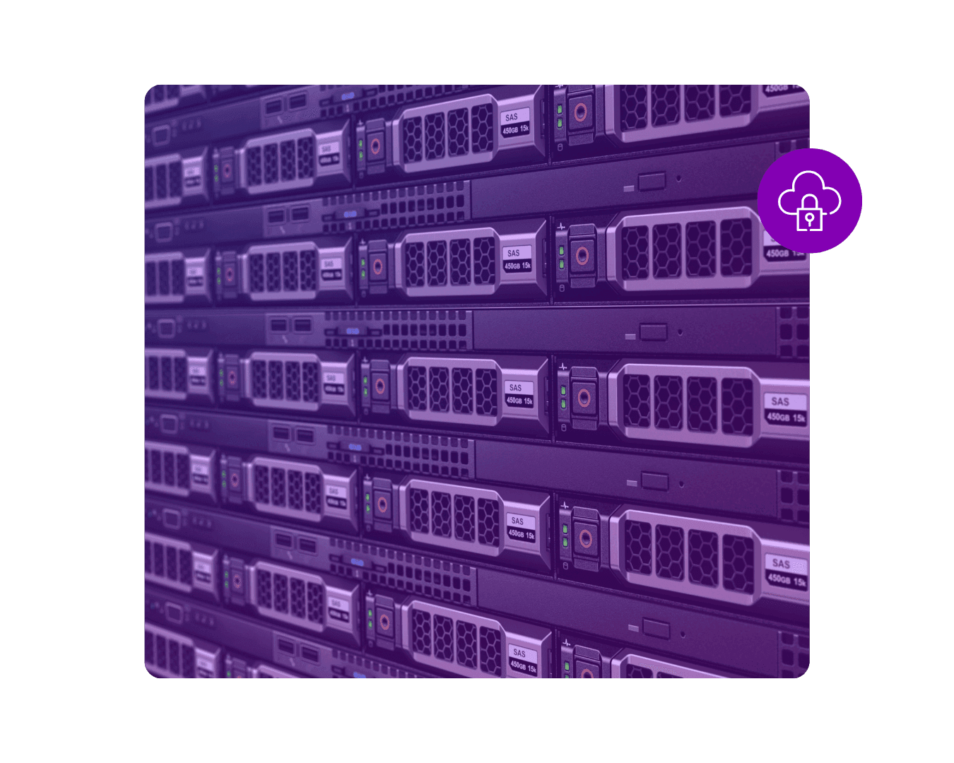 Fila de servidores vista de lado, em duotone roxo, com um selo de cloud privada segura.