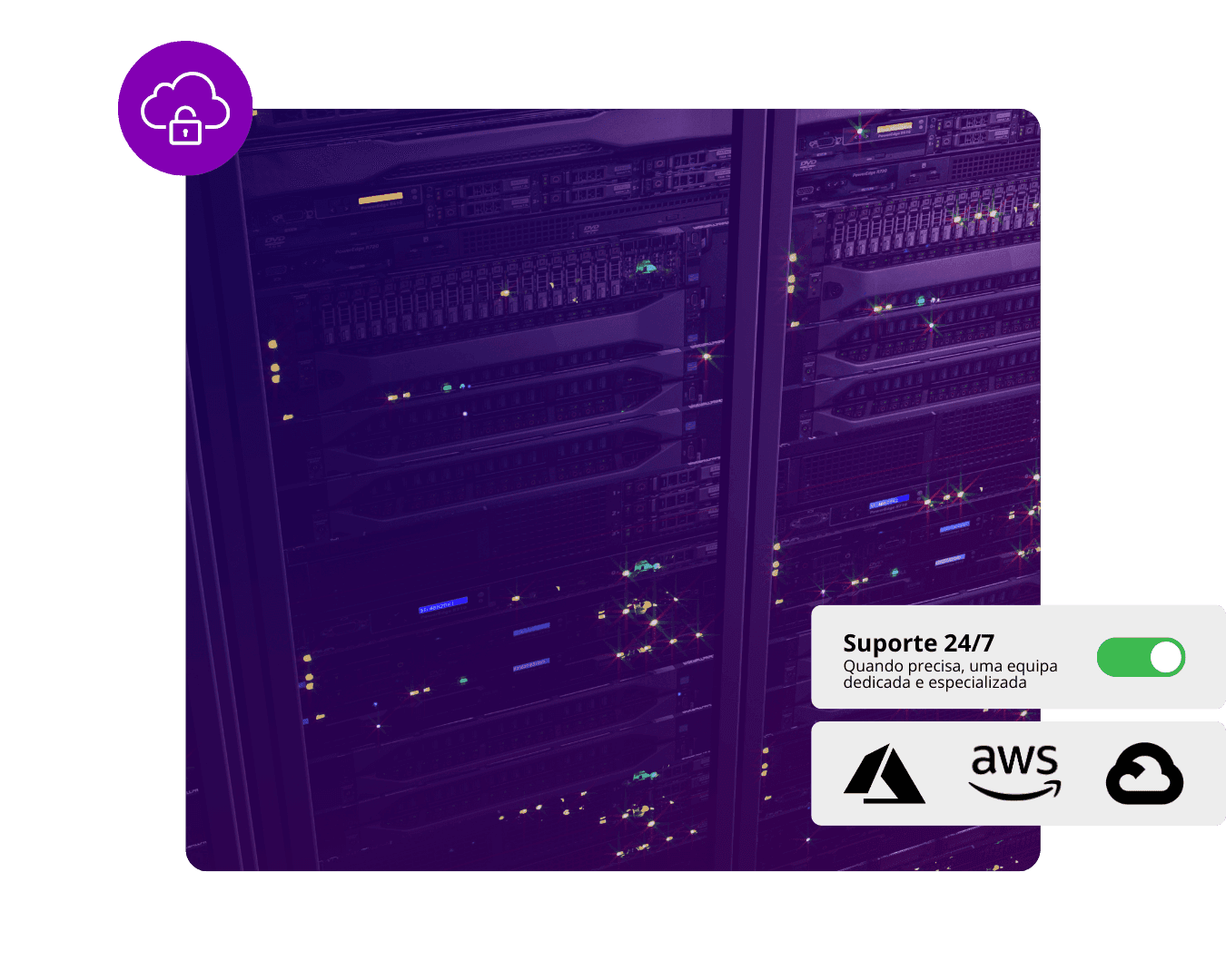 Bastidor de servidores em duotone roxo, com um selo de cloud segura e cartões a indicar suporte 24/7 e os logótipos Microsoft Azure, AWS e Google Cloud.