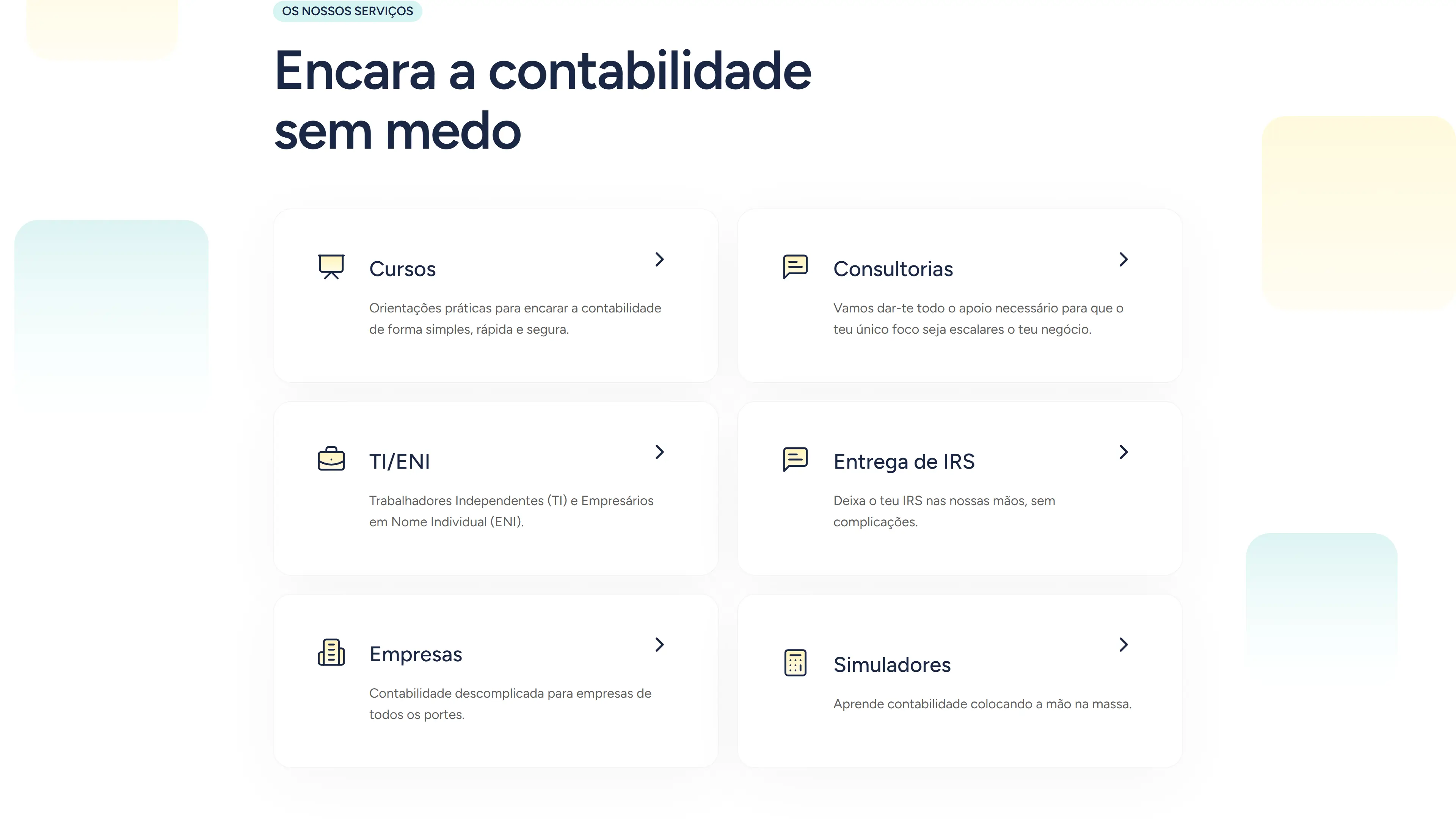 Secção de serviços do site, com a etiqueta Os nossos serviços, o título Encara a contabilidade sem medo e seis cartões brancos com ícone, nome e descrição: Cursos, Consultorias, TI/ENI, Entrega de IRS, Empresas e Simuladores.
