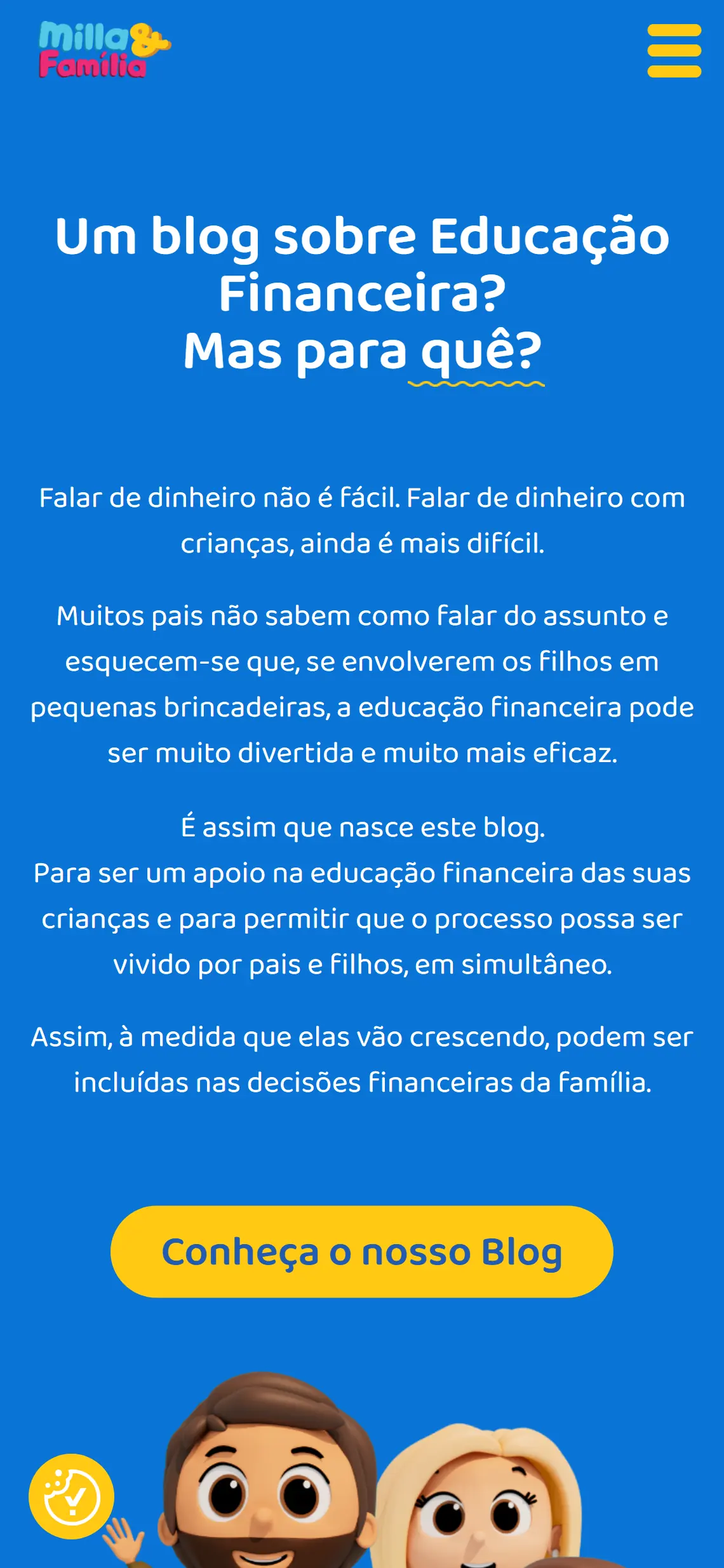 Ecrã de telefone com o topo da página inicial: logótipo e botão de menu sobre fundo azul, o título em três linhas, quatro parágrafos, um botão amarelo e o início da ilustração da família.