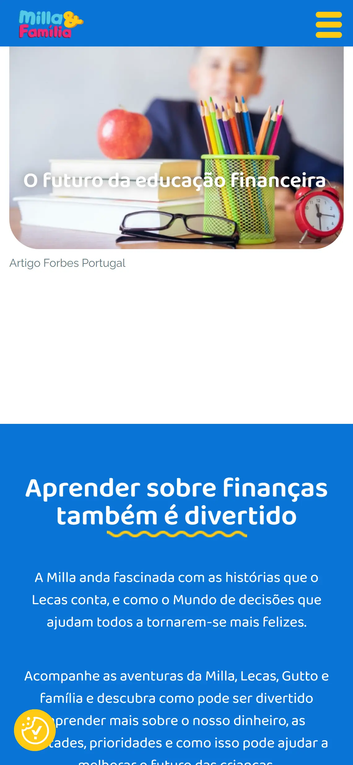 Ecrã de telefone com o cartão de imagem de um artigo — uma criança sentada a uma mesa com livros, uma maçã, um copo de lápis de cor e um despertador —, com o título sobreposto e uma legenda abaixo, seguido de uma secção azul com título sublinhado a amarelo e dois parágrafos.