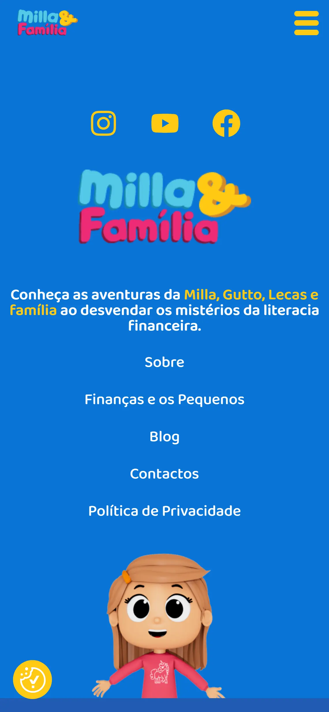 Ecrã de telefone com o rodapé do site: três ícones de redes sociais em amarelo, o logótipo Milla & Família, uma frase de apresentação, cinco ligações de navegação em lista e a ilustração 3D de uma menina em baixo.