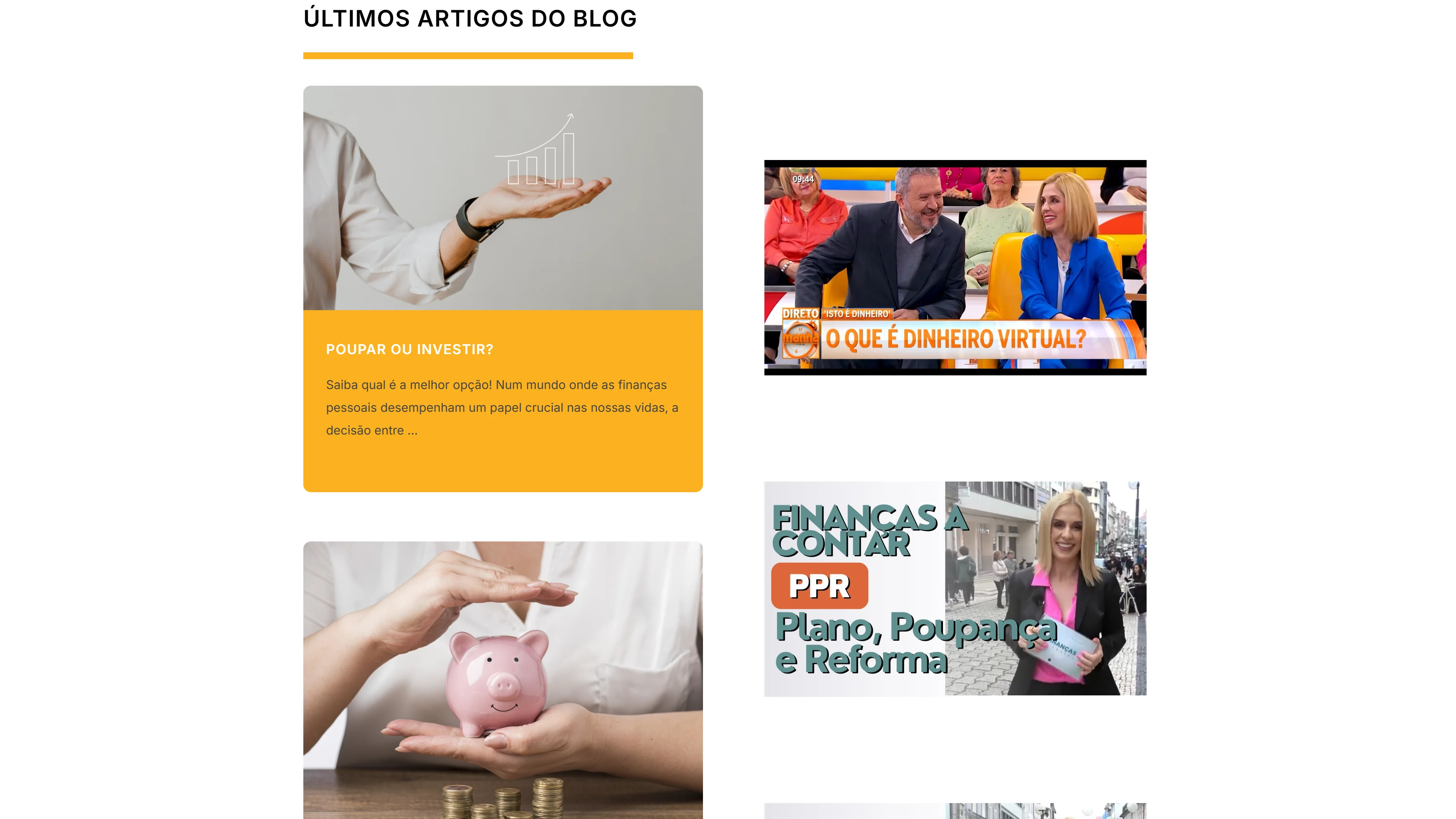 Secção do blog: cartões de artigo à esquerda e miniaturas dos vídeos da Carina à direita.