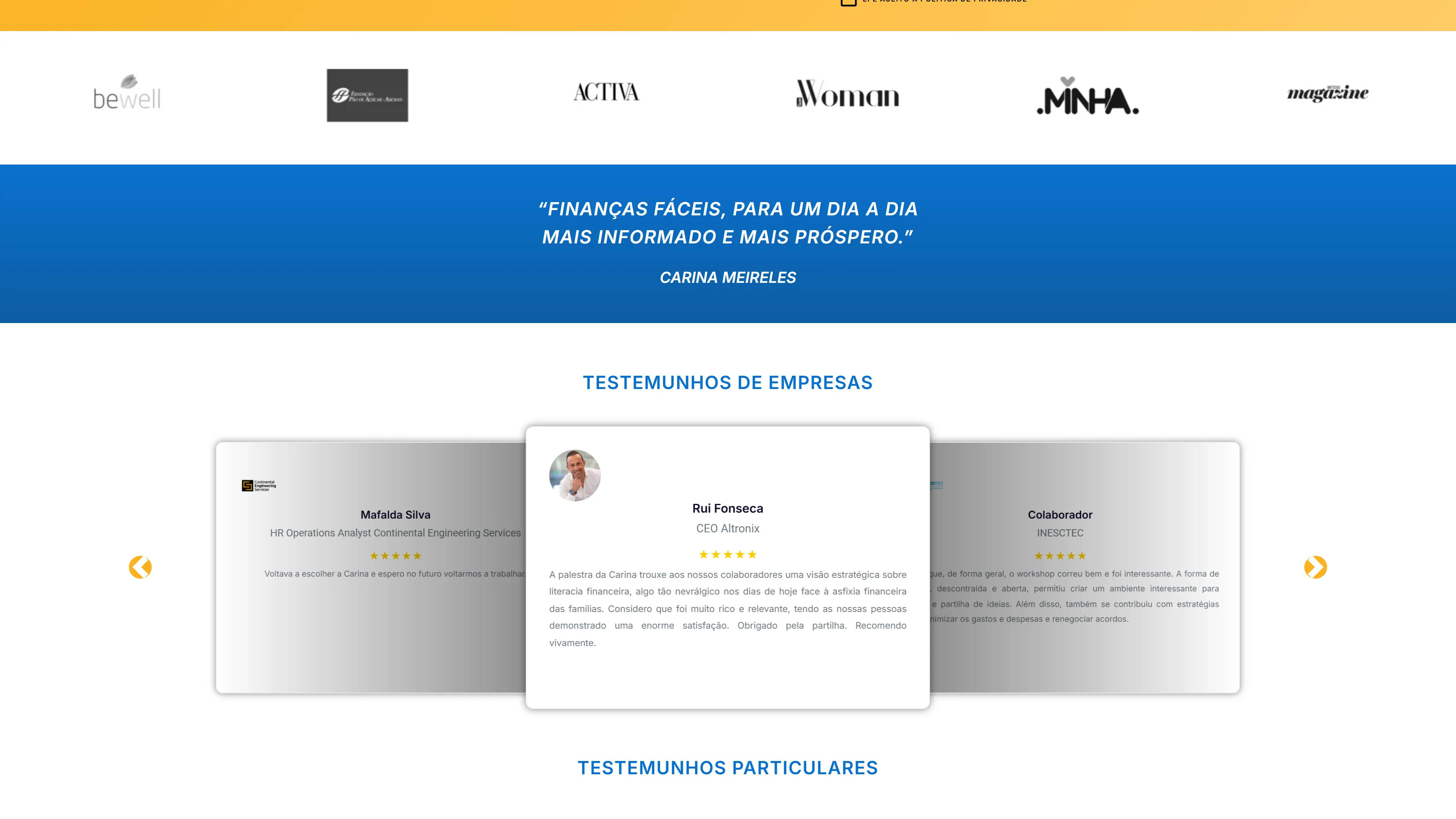 Faixa de prova social do site: logótipos de imprensa, a frase de assinatura em azul e o carrossel de testemunhos de empresas.