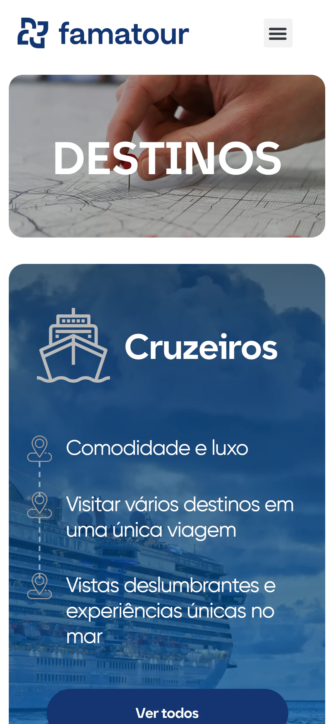 Página de destinos em telefone, com o banner e o cartão da categoria Cruzeiros em coluna única.