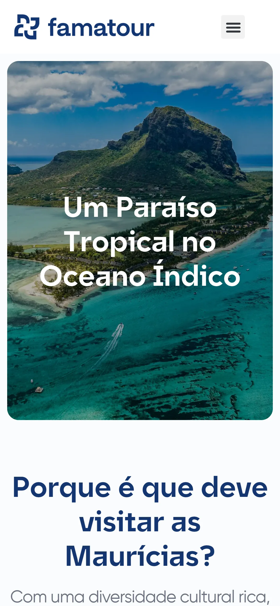 Página do destino Maurícias em telefone: logótipo, botão de menu e uma fotografia aérea da montanha Le Morne sobre a lagoa turquesa, com o título «Um Paraíso Tropical no Oceano Índico» sobreposto, e por baixo o início da secção «Porque é que deve visitar as Maurícias?».