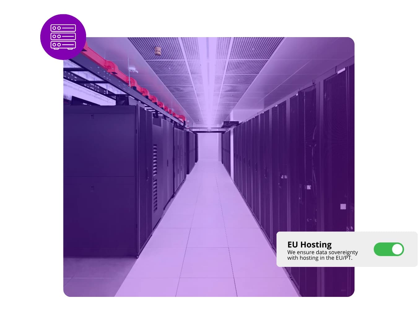 Corredor entre bastidores num datacenter, com o painel «EU Hosting» a indicar alojamento na União Europeia e em Portugal