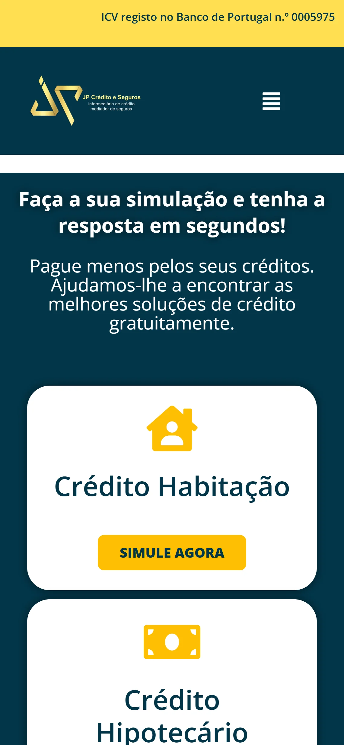 Topo do site num ecrã de telemóvel, com o título da simulação e os cartões de tipo de crédito abaixo.