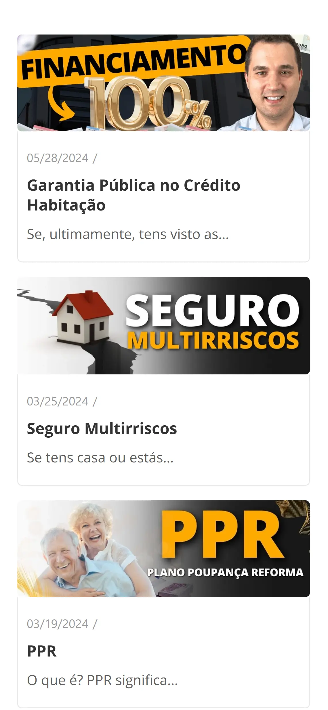 Ecrã de telemóvel com a listagem do blogue: três cartões de artigo, cada um com imagem de destaque, data e título — Garantia Pública no Crédito Habitação, Seguro Multirriscos e PPR.