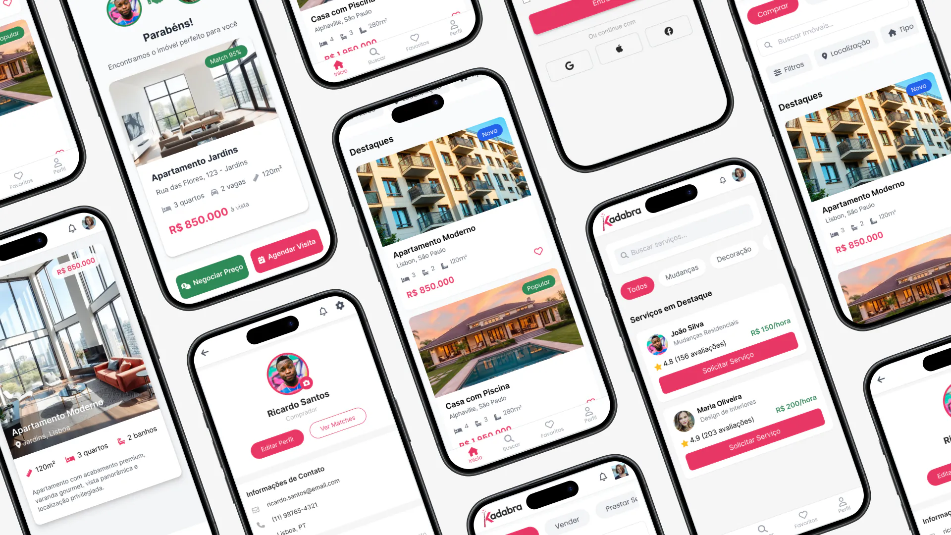 Vários ecrãs da aplicação Kadabra dispostos em diagonal: listagens de imóveis, ficha de apartamento, perfil de utilizador, autenticação e pesquisa de serviços.