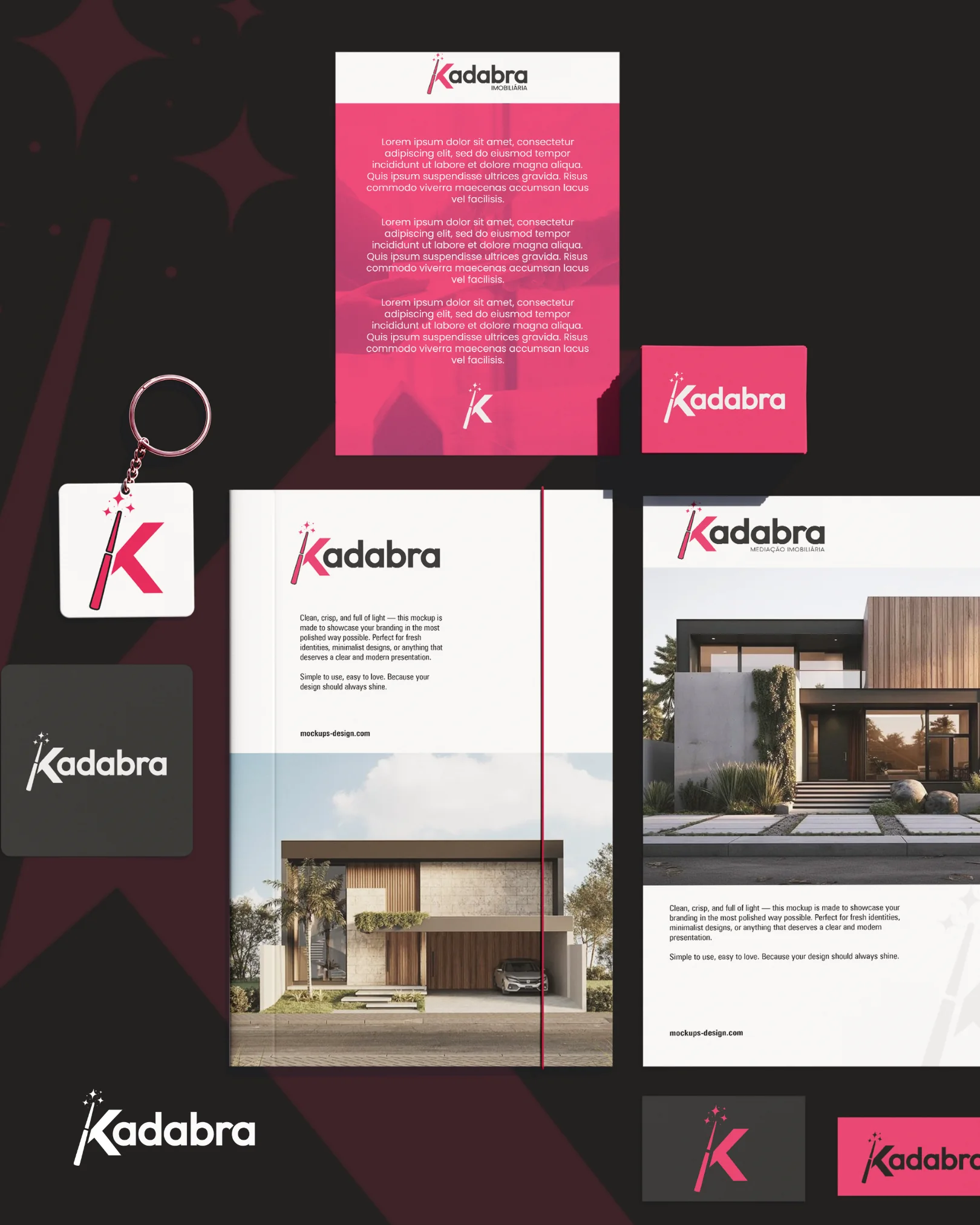 Conjunto de estacionário sobre fundo preto: folheto magenta, porta-chaves quadrado com o K, cartões de visita em cinzento-escuro, branco e magenta, um dossiê aberto com a fotografia de uma moradia e uma ficha de imóvel, todos com o logótipo.
