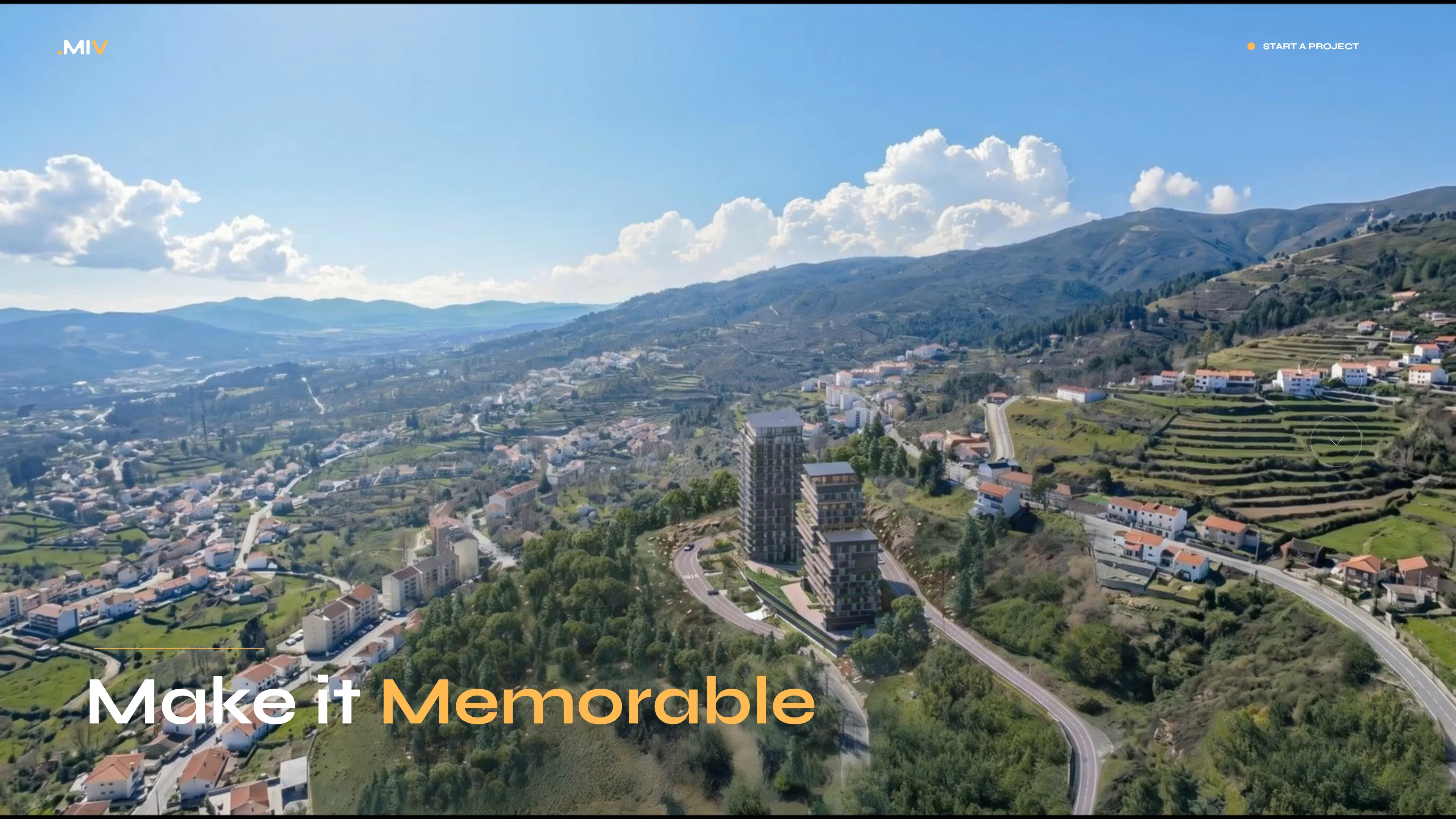Topo da página inicial da Make It Visually num ecrã de computador: um frame de vídeo aéreo de um vale com torres renderizadas e o título «Make it Memorable» a branco e âmbar.