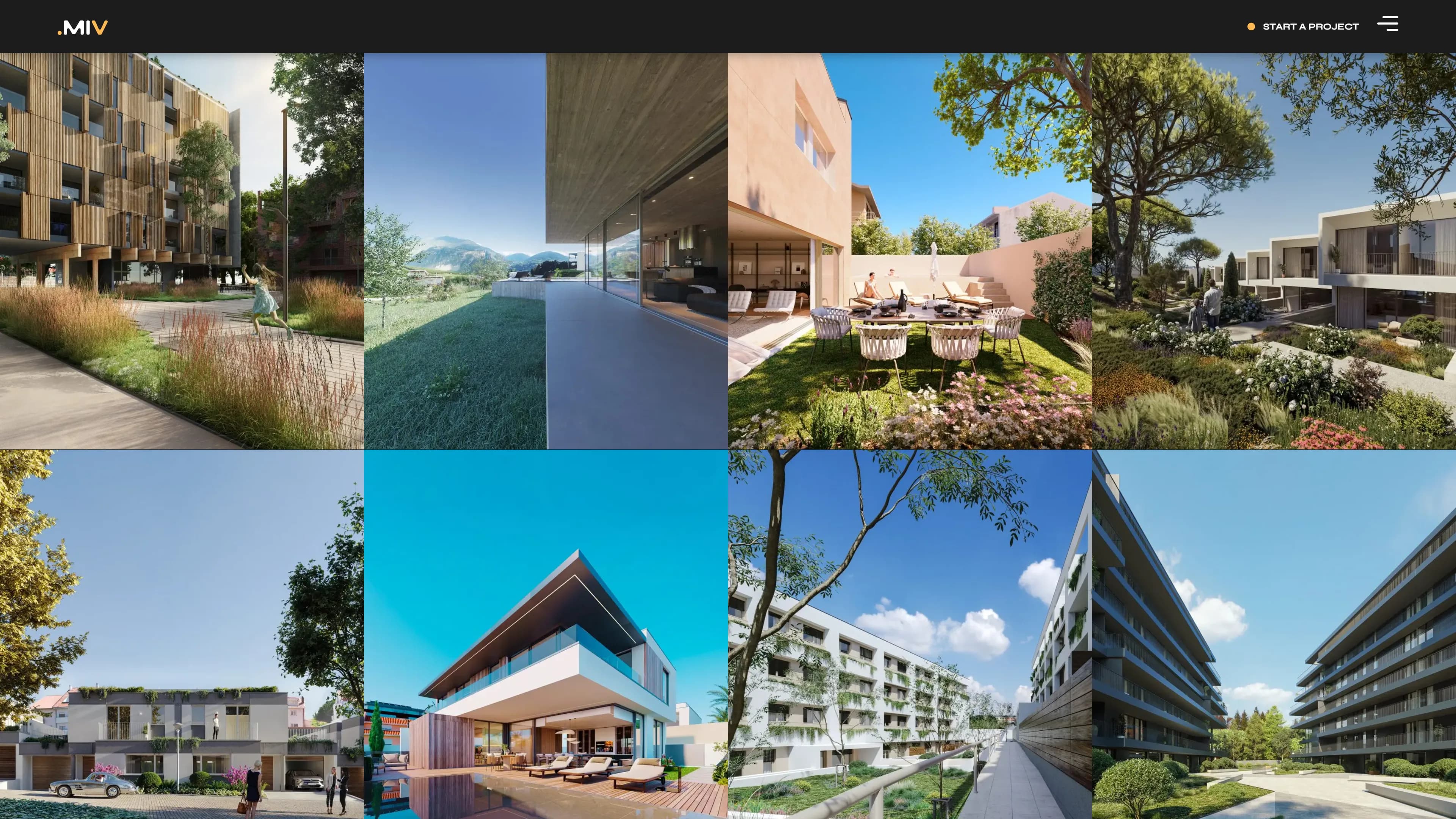 Grelha de portfólio da página inicial num ecrã de computador: oito renders arquitectónicos lado a lado, de exteriores, moradias e edifícios multifamiliares, a ocupar o ecrã de borda a borda sobre fundo escuro.