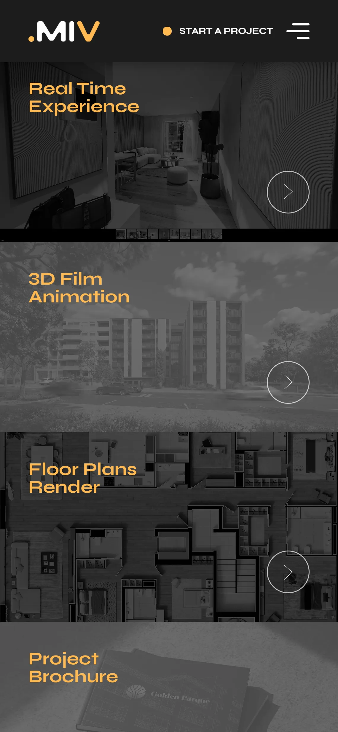 Lista de serviços em ecrã de telefone: os mosaicos Real Time Experience, 3D Film Animation e Floor Plans empilhados, cada um sobre um render em tons neutros.