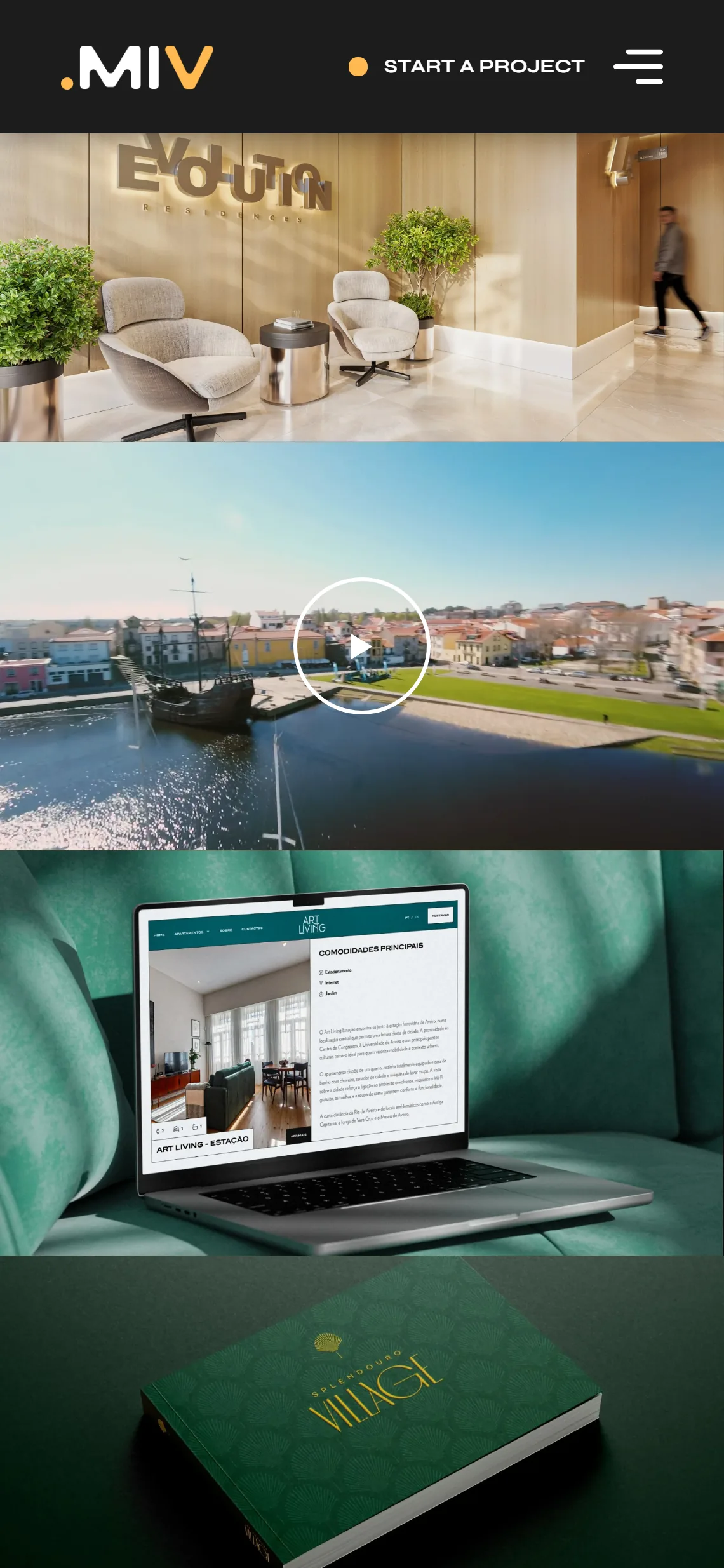 Página do projecto Evolution Residences em ecrã de telefone: o átrio com a assinatura em relevo, o vídeo aéreo da ria, o portátil com o site Art Living e o catálogo Splendouro Village.