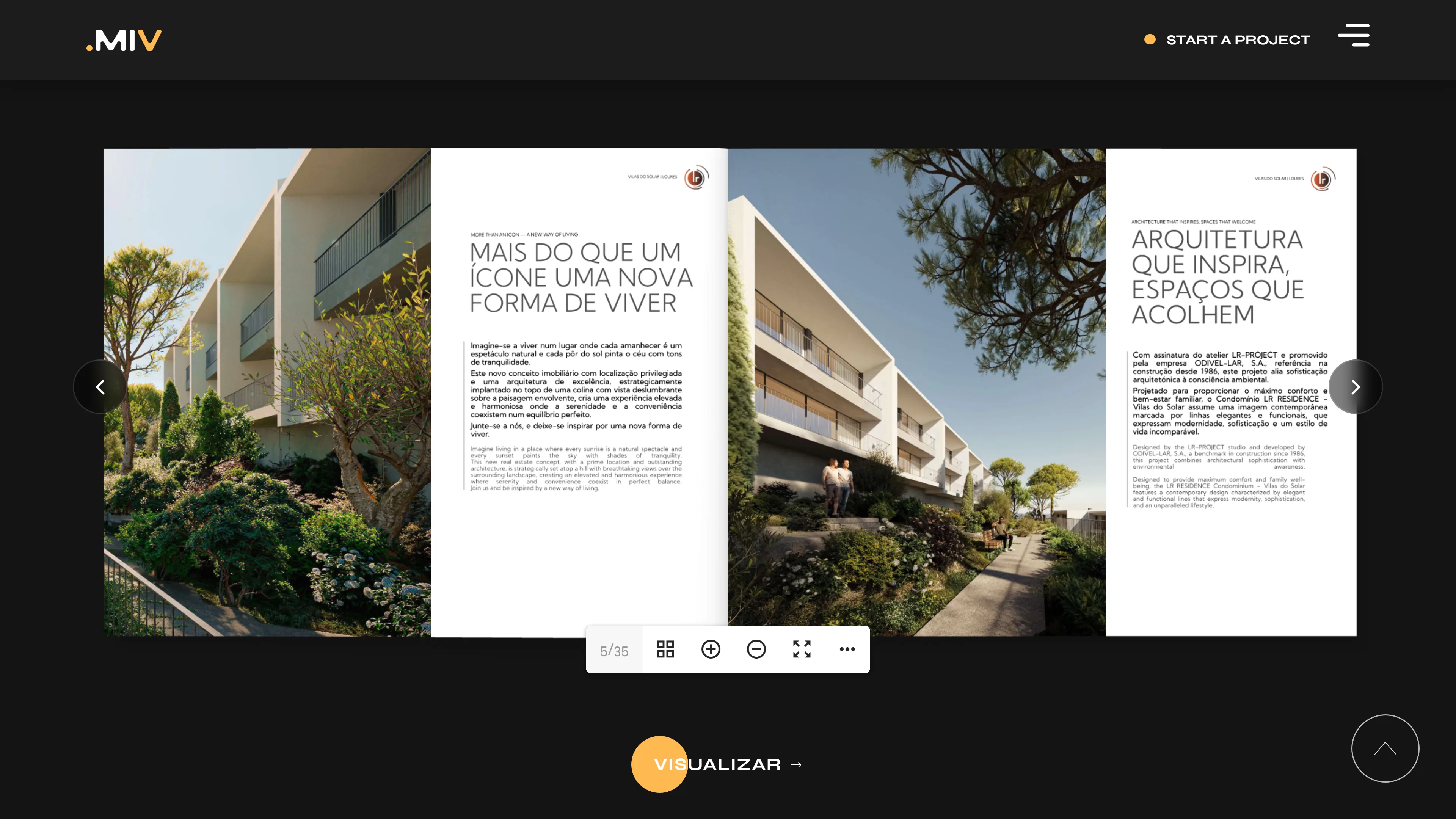Página do projecto Vilas do Solar num ecrã de computador: o catálogo do empreendimento aberto num folheador, numa dupla página com renders da urbanização e o respectivo texto de apresentação, e o botão «Visualizar» por baixo.
