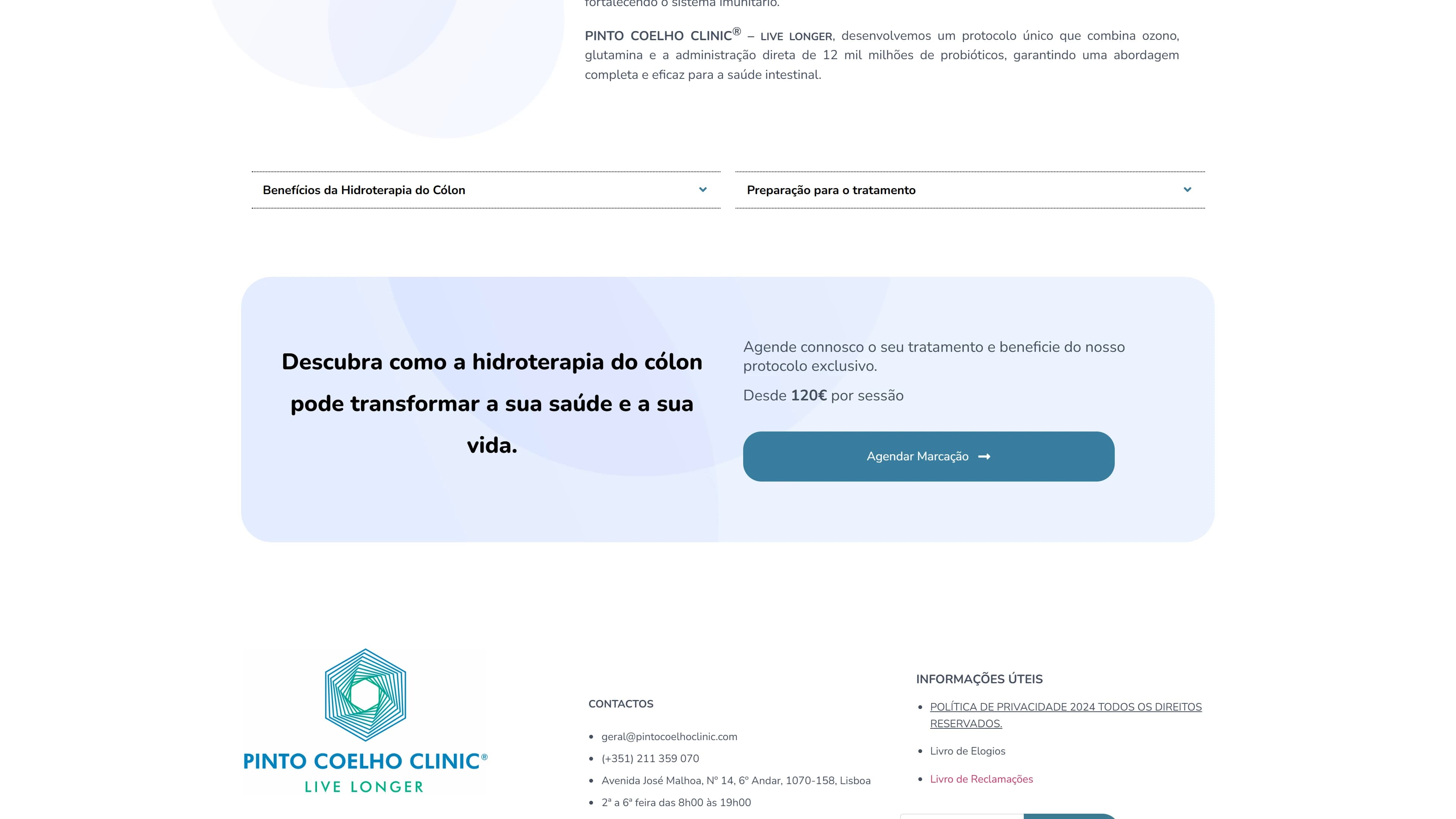 Painel azul-claro de cantos arredondados na página de hidroterapia do cólon, com o título «Descubra como a hidroterapia do cólon pode transformar a sua saúde e a sua vida.», o texto «Agende connosco o seu tratamento e beneficie do nosso protocolo exclusivo.», a indicação «Desde 120€ por sessão» e o botão «Agendar Marcação»; por cima, os separadores «Benefícios da Hidroterapia do Cólon» e «Preparação para o tratamento», e em baixo começa o rodapé com o logótipo da clínica.