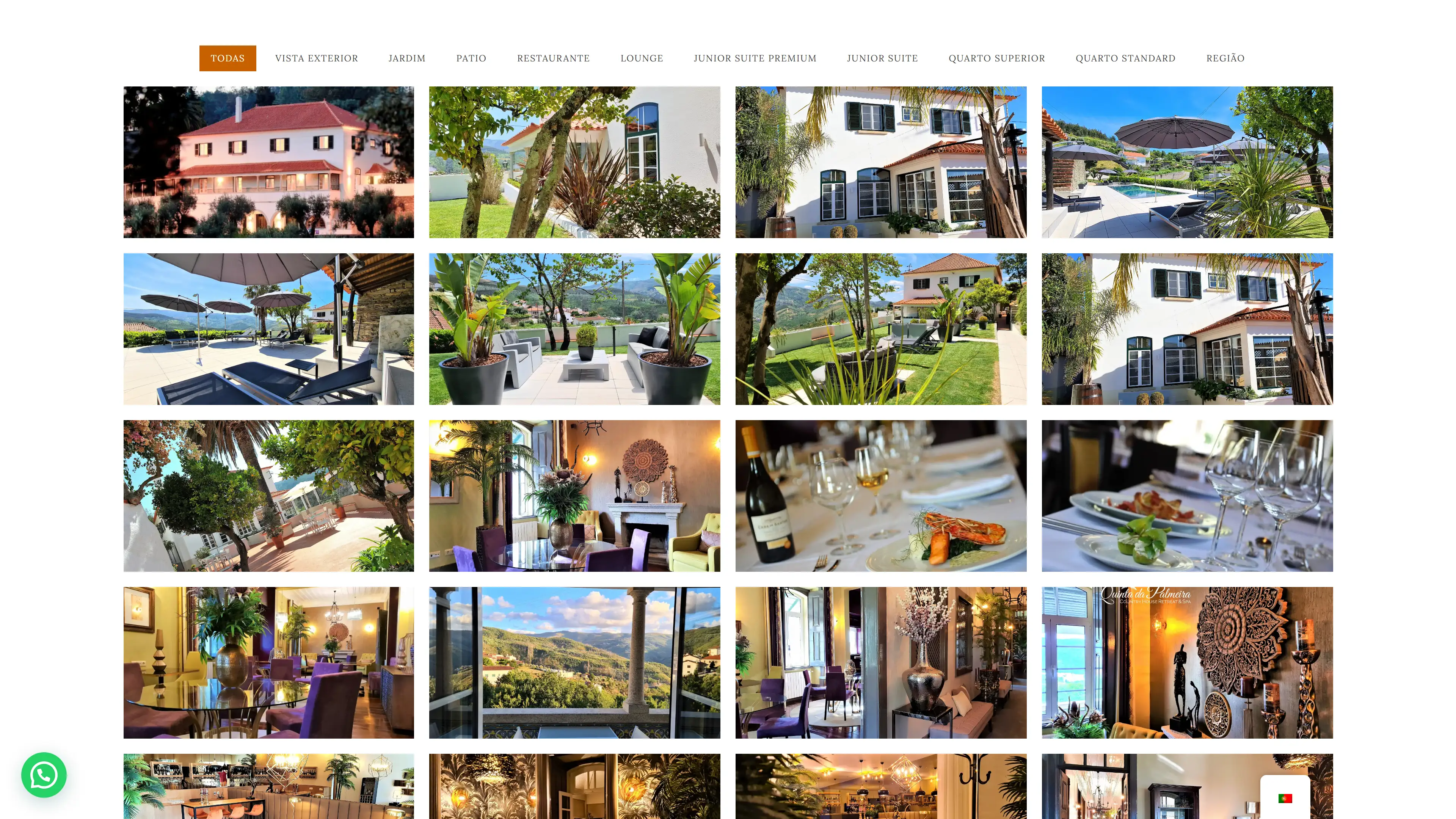 Galeria de fotografias: a barra de filtros por categoria — vista exterior, jardim, pátio, restaurante, lounge, suites e quartos, região — sobre uma grelha de fotografias da casa, da piscina com espreguiçadeiras, dos jardins com guarda-sóis, das salas e das mesas postas do restaurante.