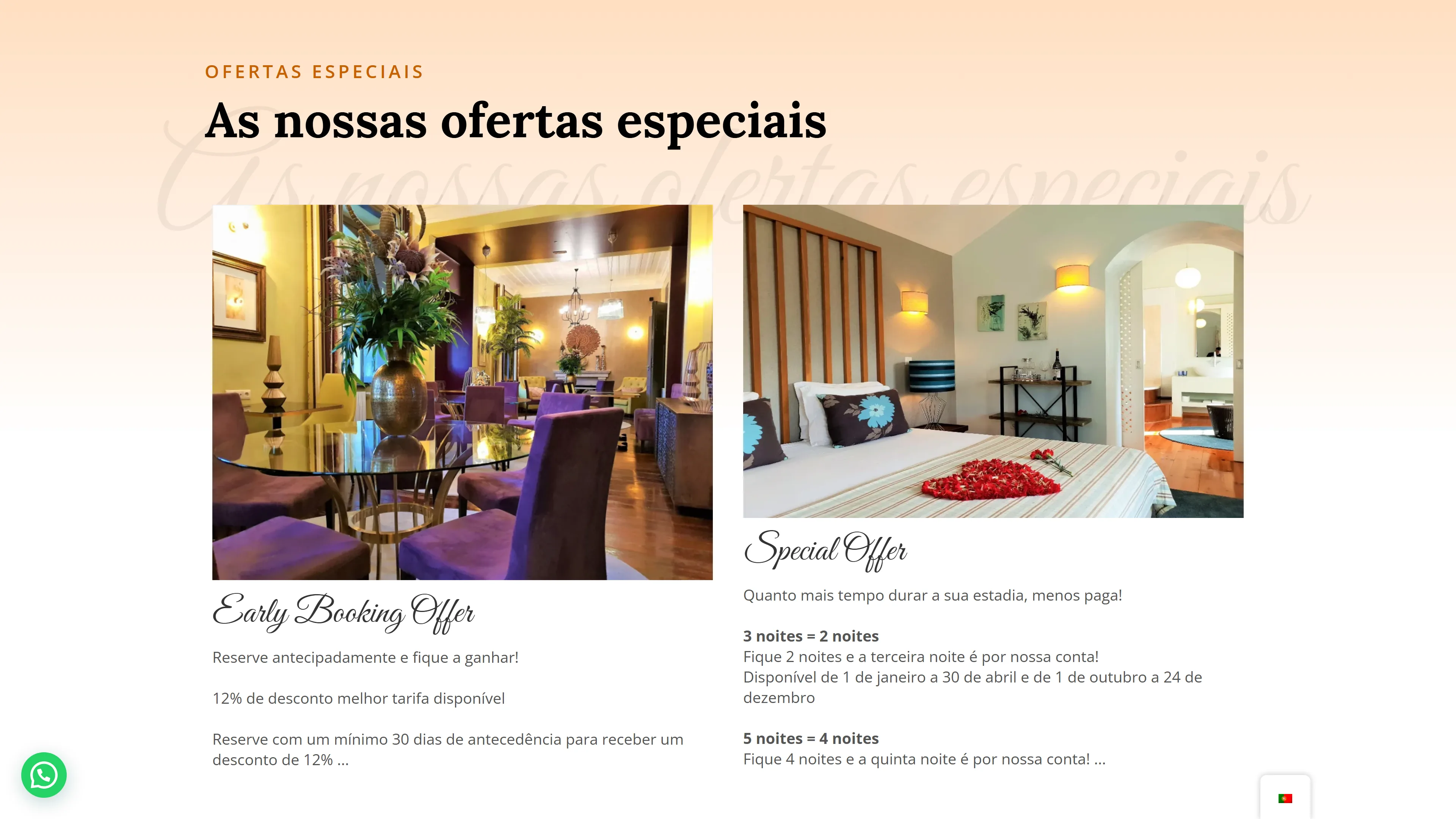 Secção de ofertas especiais: a etiqueta «OFERTAS ESPECIAIS», o título «As nossas ofertas especiais» e dois cartões lado a lado — Early Booking Offer, com a fotografia da sala de jantar, e Special Offer, com a fotografia de um quarto com pétalas em forma de coração na cama — cada um com as condições por baixo.