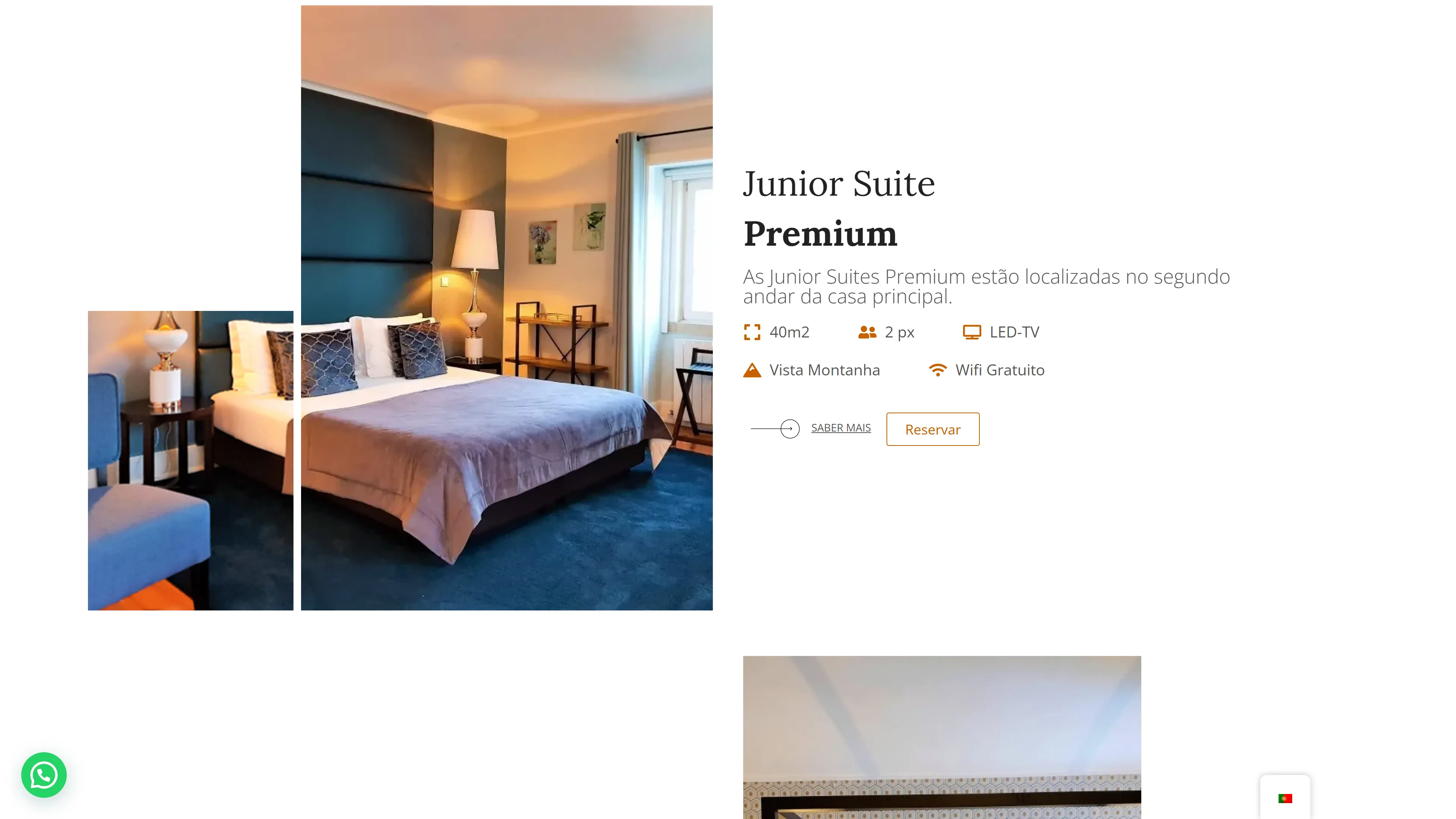 Página de suites e quartos: a ficha da Junior Suite Premium, com duas fotografias do quarto — cama de dossel estofado azul, candeeiros acesos e cadeirão — à esquerda, e à direita o nome, a descrição, os ícones de área, lotação, LED-TV, vista de montanha e wifi, e os botões Saber mais e Reservar.