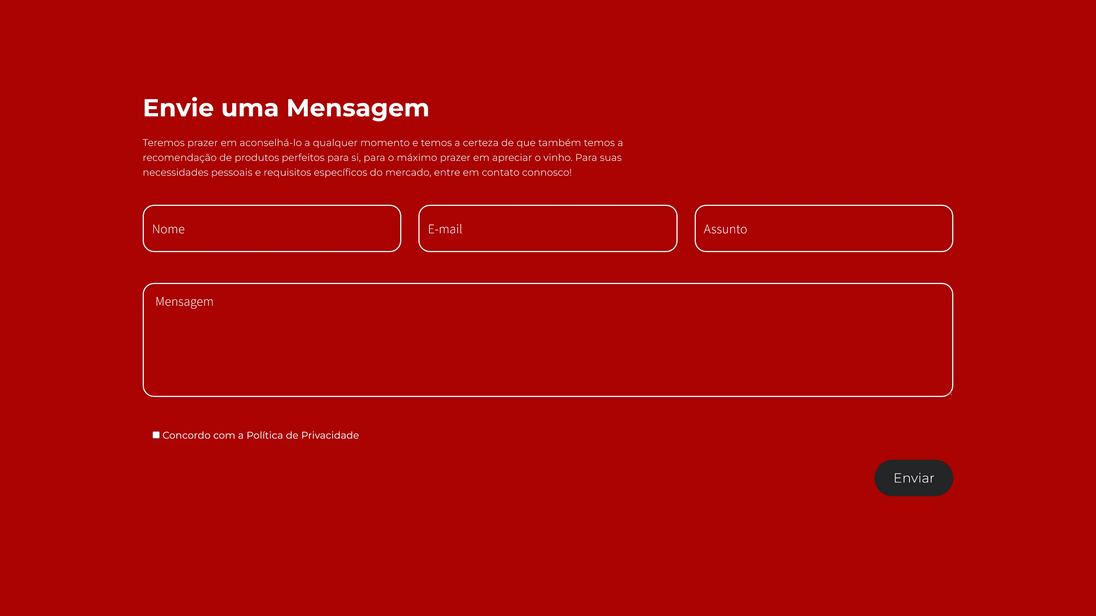 Secção Envie uma Mensagem da página de contactos, sobre o fundo vermelho da marca: o título, um parágrafo de convite ao contacto, os campos Nome, E-mail e Assunto lado a lado, a caixa Mensagem, a opção Concordo com a Política de Privacidade e o botão preto Enviar.