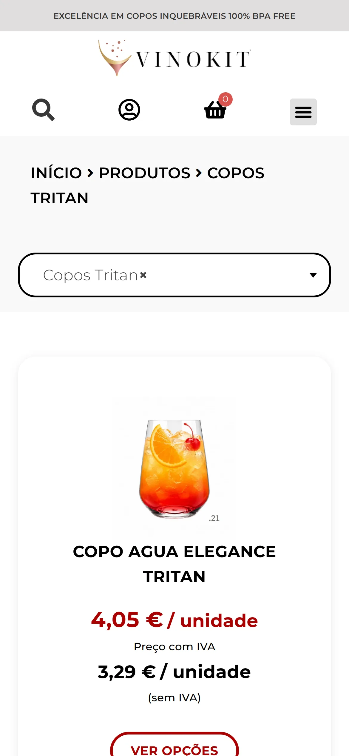 Página da categoria Copos Tritan em telefone: o rasto Início › Produtos › Copos Tritan, o filtro de categoria e o cartão do Copo Agua Elegance Tritan, com a fotografia de um copo com bebida em tons de laranja e vermelho, os preços com e sem IVA e o botão Ver opções.