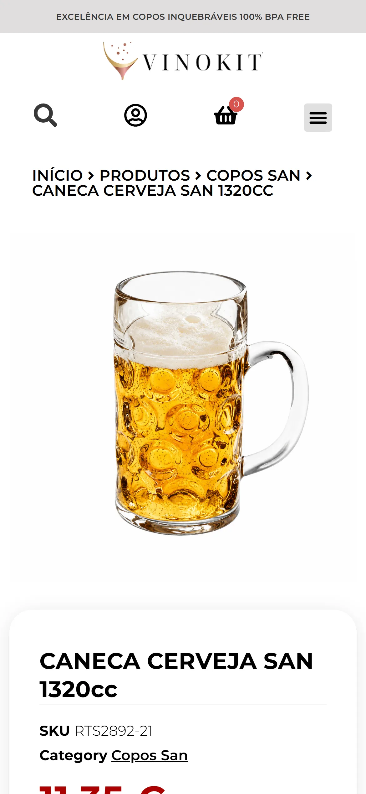 Página do produto Caneca Cerveja San 1320cc em telefone: o rasto de navegação, a fotografia da caneca de cerveja cheia sobre fundo branco e o início do cartão com o nome do produto, o SKU e a categoria Copos San.