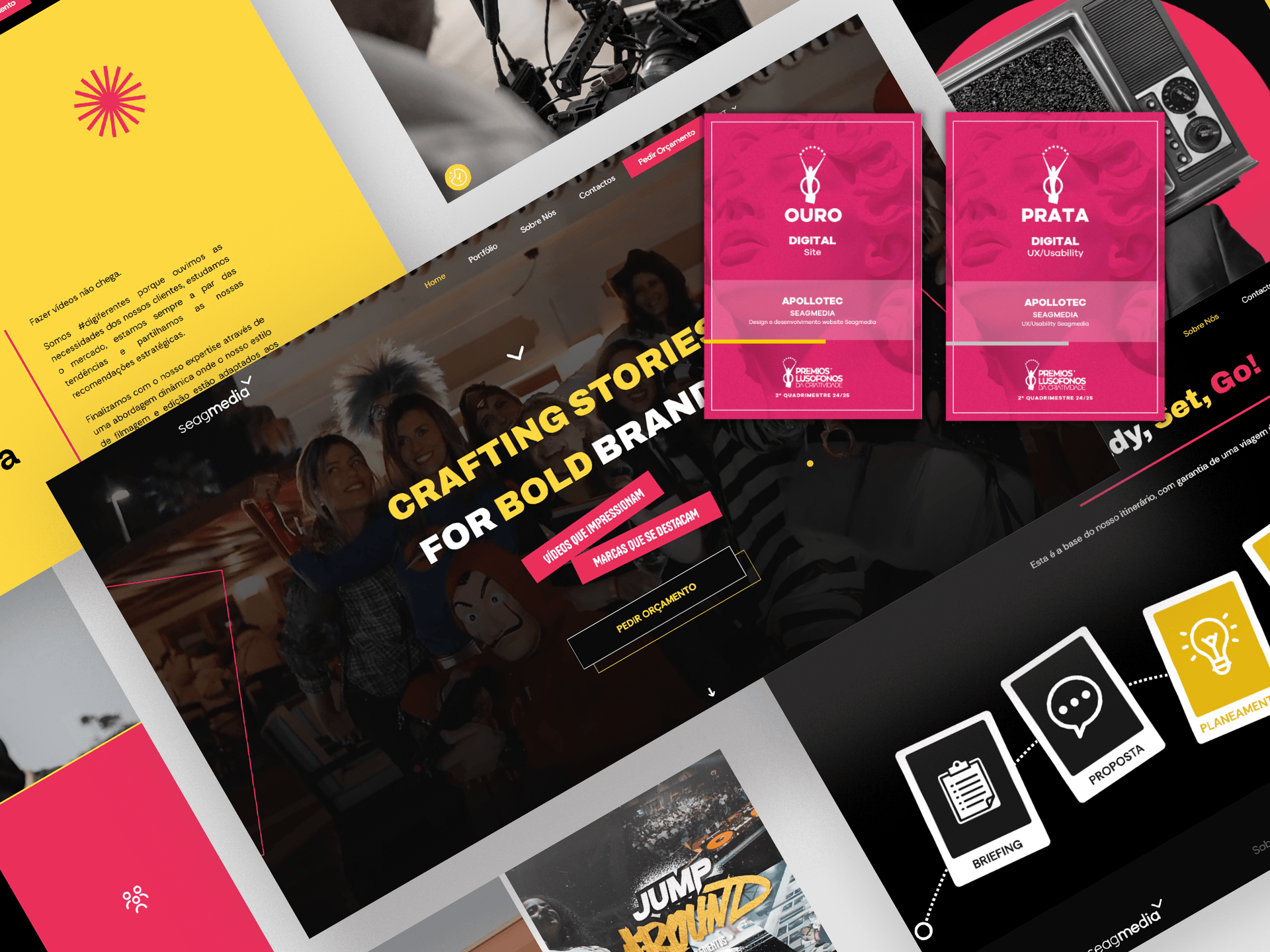 Mosaico de ecrãs do site da Seagmedia em diagonal sobre fundo claro: páginas do portefólio e dos serviços da agência, com fotografias de clientes, cartões amarelos inclinados e botões cor-de-rosa.