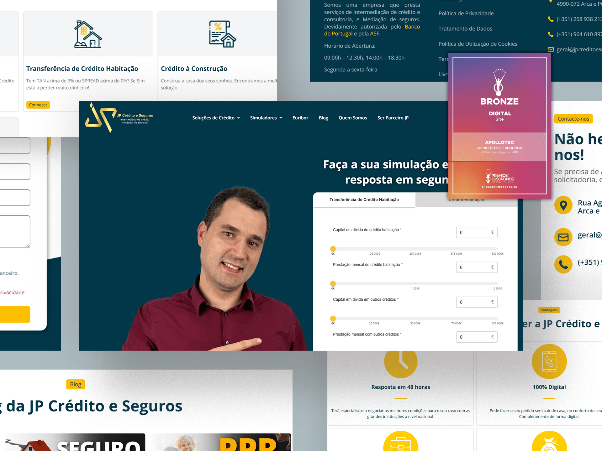 Composição em perspetiva de vários ecrãs do site da JP Crédito e Seguros: ao centro a página inicial em azul-escuro, com o logótipo dourado, o menu, o título «Faça a sua simulação e tenha a resposta em segundos!», a fotografia de um homem de camisa bordô a apontar para o simulador de crédito e o painel de campos com deslizadores amarelos; em redor, os cartões de soluções de crédito, o formulário de contacto, o rodapé e a página do blog; no canto superior direito, o selo Bronze da categoria Digital · Site dos Prémios Lusófonos da Criatividade atribuído à Apollotec pelo site da JP Créditos e Seguros.
