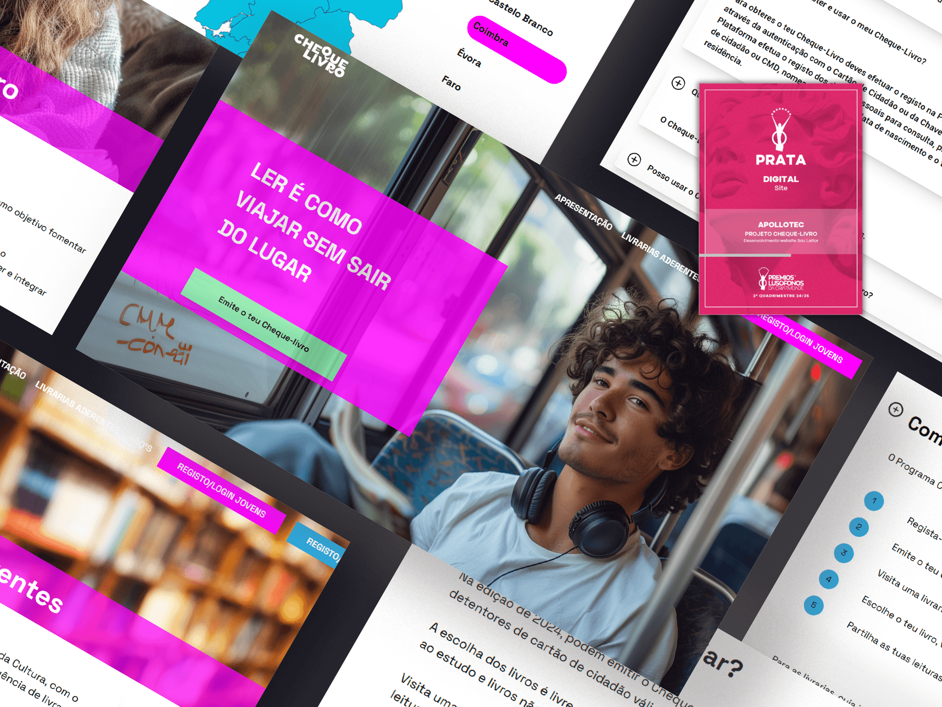 Composição de ecrãs do site Cheque-Livro dispostos em diagonal: a página inicial com a frase «Ler é como viajar sem sair do lugar» sobre a fotografia de um jovem de auscultadores num autocarro, a lista de concelhos aderentes, as perguntas frequentes e as páginas de apresentação, com o diploma de Prata dos Prémios Lusófonos da Criatividade, categoria Digital · Site, sobreposto à direita.