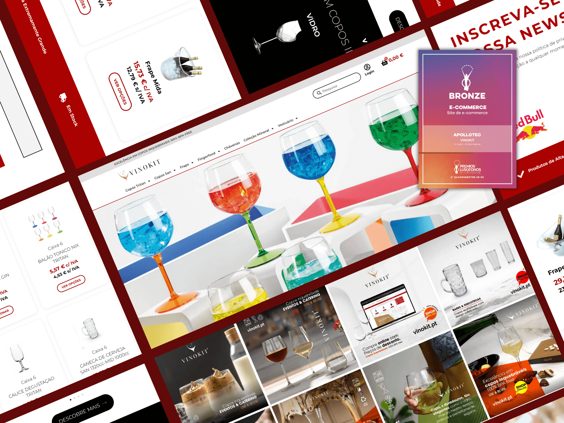 Composição inclinada de vários ecrãs da loja online Vinokit sobre fundo bordeaux: ao centro a página inicial, com o logótipo Vinokit, o menu de categorias Copos Tritan, Copos San, Fraps, Fingerfood, Chávenas, Coleção Mineral e Vestuário e a fotografia de copos de balão coloridos com bebidas azuis, vermelhas e verdes; em redor, cartões de produto com preços e o botão Ver opções, a secção da newsletter, o logótipo da Red Bull e uma grelha de publicações do Instagram da marca; e, à direita, o diploma Bronze dos Prémios Lusófonos da Criatividade na categoria Site de e-commerce, atribuído à Apollotec pela loja Vinokit.