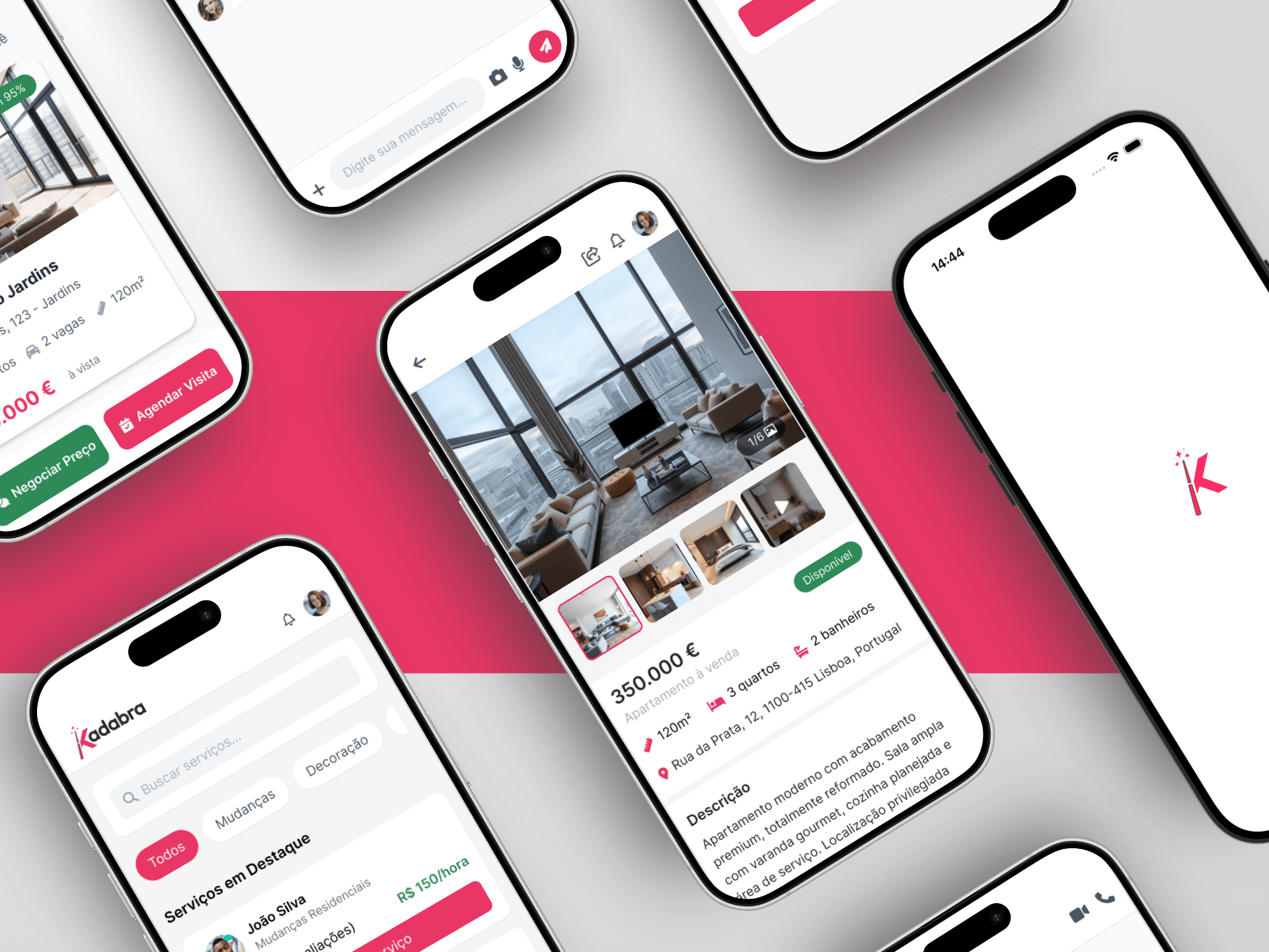 Mosaico de telefones em diagonal sobre fundo claro atravessado por uma faixa magenta, com ecrãs da aplicação Kadabra: ao centro a ficha de um apartamento à venda por 350.000 €, com galeria de fotografias, área, quartos e morada em Lisboa; em redor, o ecrã de arranque com o símbolo do K, a pesquisa de serviços com o logótipo, um cartão de imóvel com os botões Negociar Preço e Agendar Visita, e uma conversa de chat.
