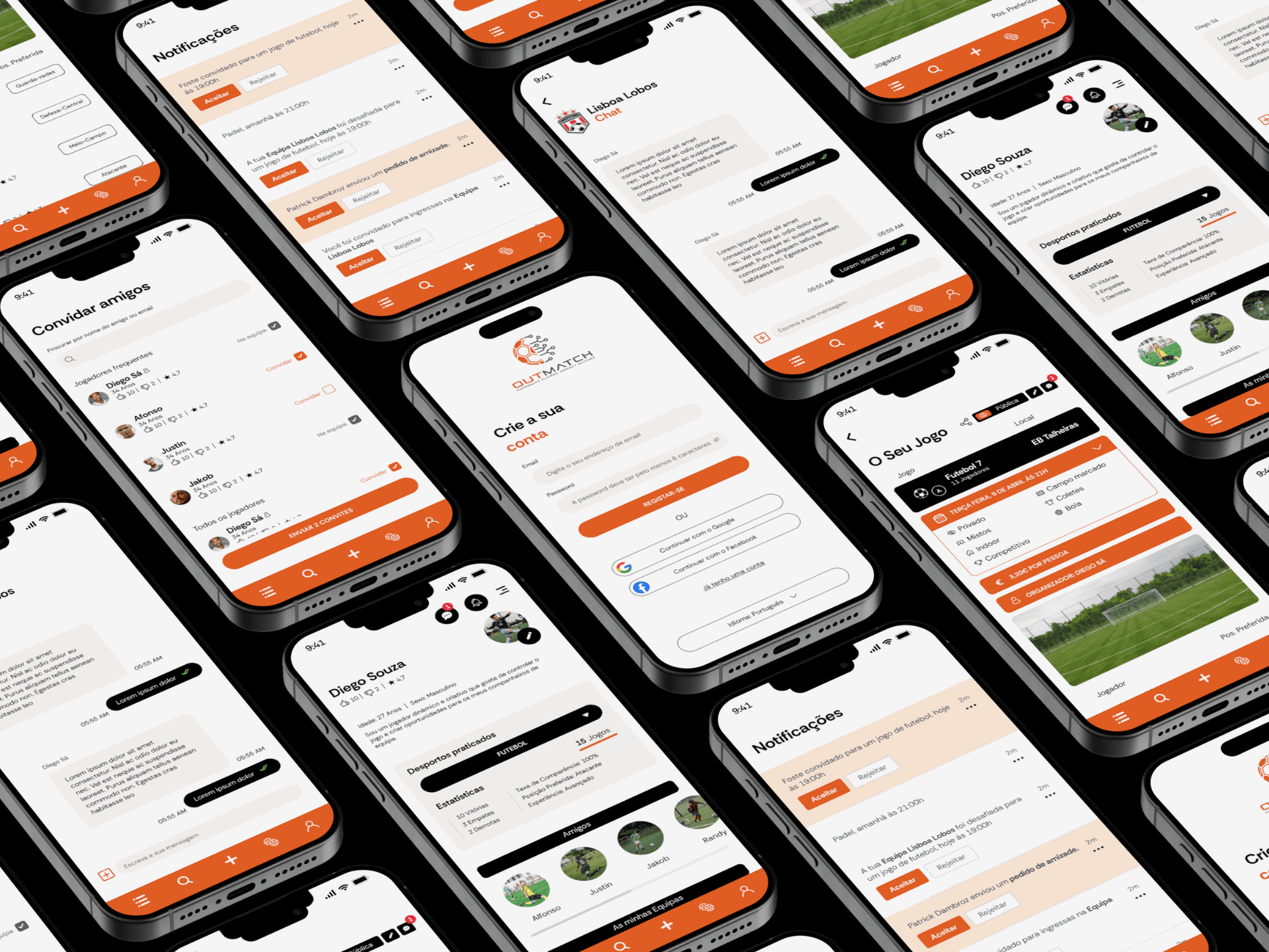 Mosaico de telefones em diagonal sobre fundo preto, todos com ecrãs da aplicação Outmatch: ao centro o registo de conta com o logótipo, e em redor as notificações de convites para jogos, o convite de amigos, o chat da equipa Lisboa Lobos, o perfil de um jogador com estatísticas e a criação de um jogo com campo, data e preço por pessoa.