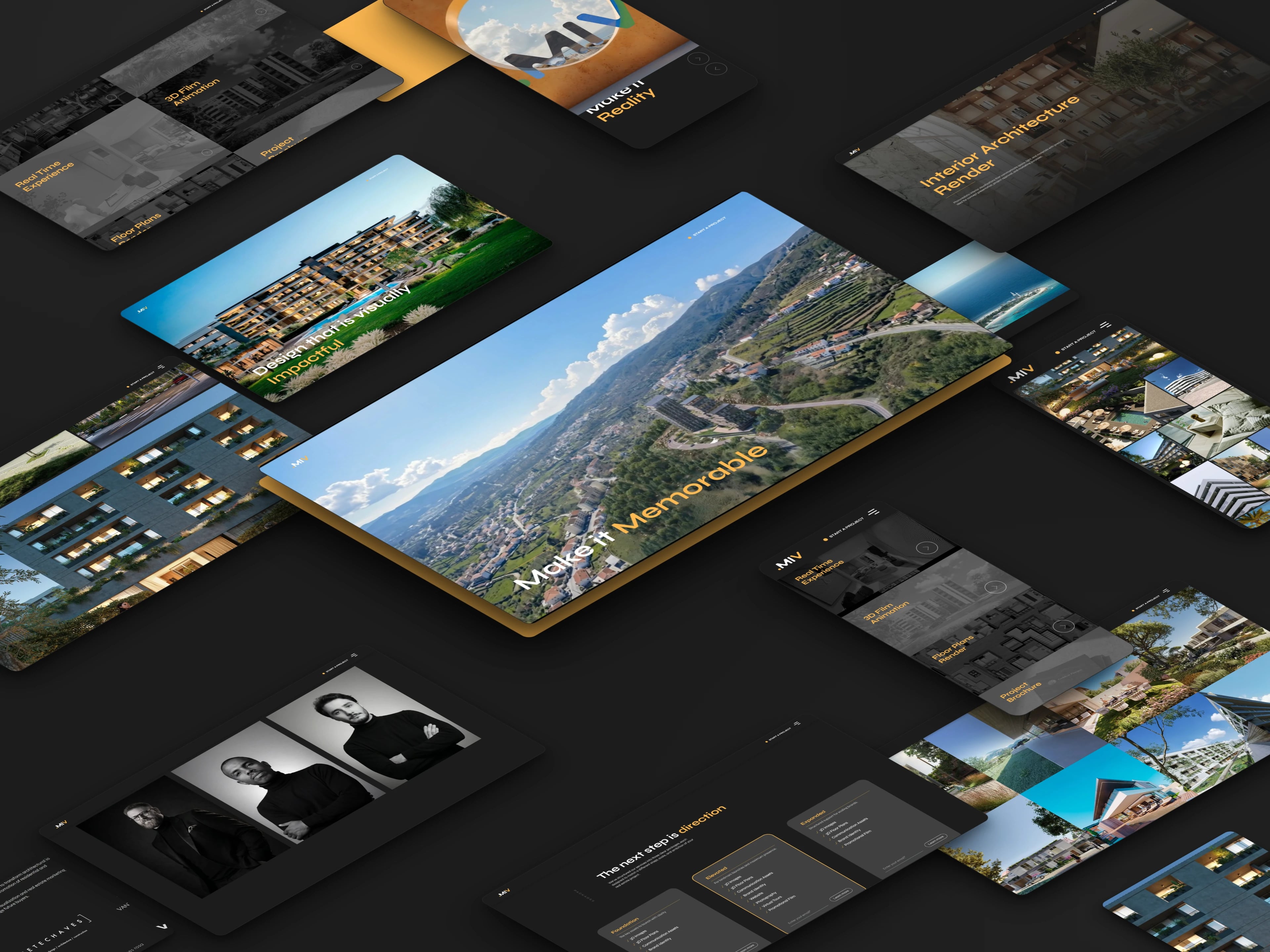Mockup de apresentação do site da Make It Visually: os ecrãs do site espalhados numa grelha diagonal sobre um plano isométrico escuro, vistos de cima em ângulo; ao centro, maior e mais levantado, o ecrã da página inicial com o vídeo aéreo do vale e o título «Make it Memorable», debruado por uma placa âmbar; à volta, cartões com o portfólio, os serviços, os pacotes e a equipa, três ecrãs de telefone ao alto e pequenos recortes quadrados, um deles um tile âmbar liso, cada cartão com a sua sombra suave a cair na mesma direcção.